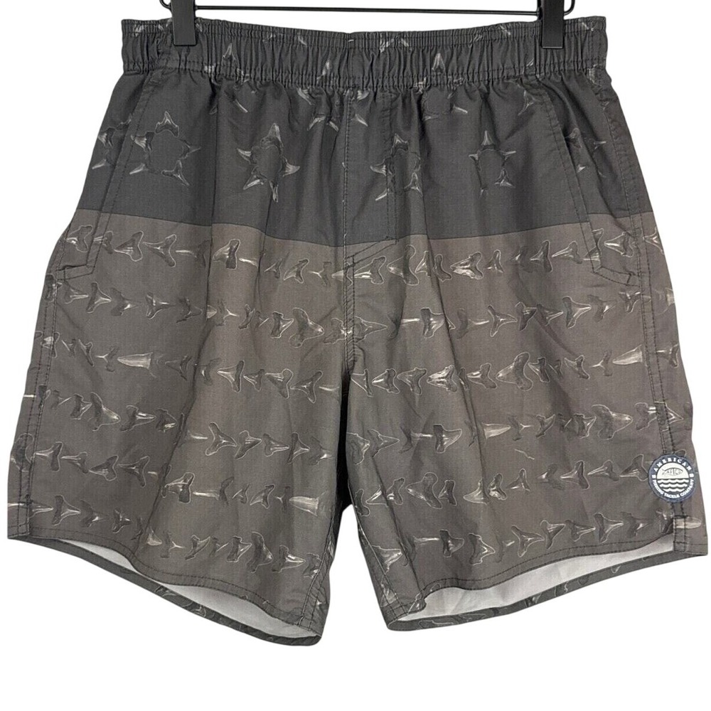 AFTCO Fishing Shorts Mens‎ M Gray Shark Tooth Print Board Shorts Elastic Waist